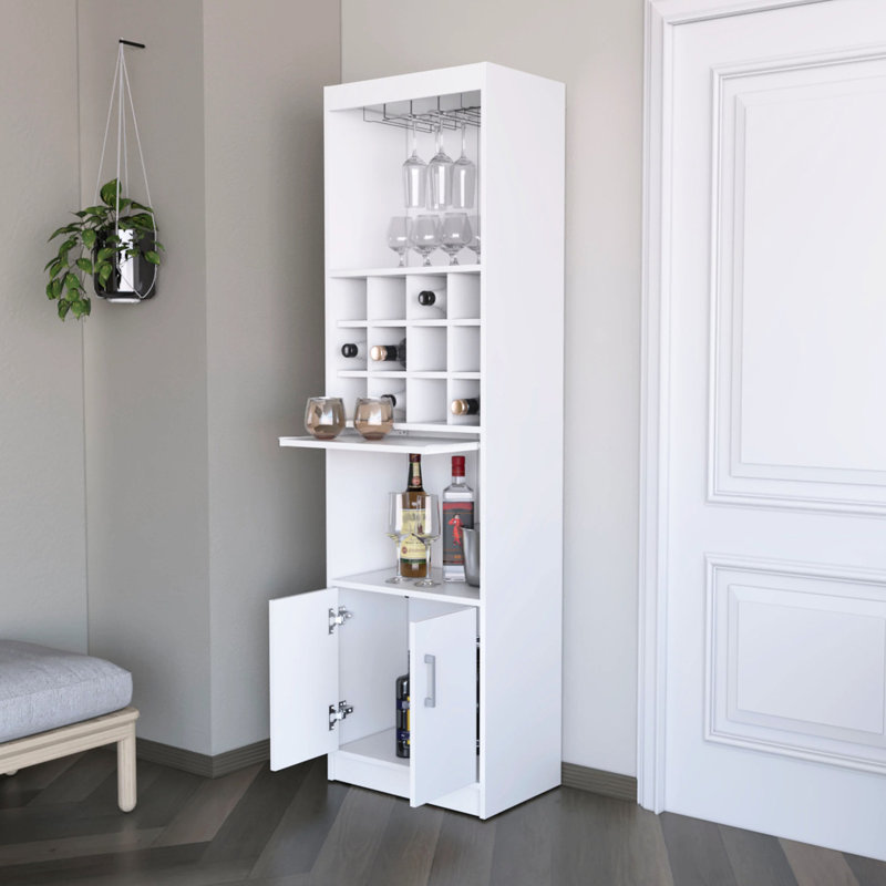 White Bar Cabinet For Wine Arrangement And Display System - 15 Shelves, 2 Doors, Engineered Wood Spacious Storage, 85.72 Lb,