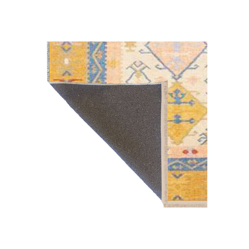 Tapis décoratif jaune à motif frangé à motif traditionnel jaune, Sous-tapis rectangulaire de 3 pi 3 po x 4 pi 11 po