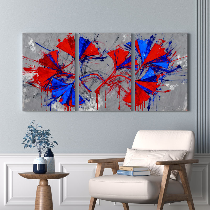 Tableau abstrait à motifs d'éclaboussures rouges, bleues et grises (paquet de 3), 30" H x 60" W