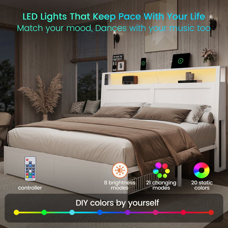 Queen Bed Frame with Storage Drawers & Headboard, Platform Bed with Led Light & Charging Station, White, White, Queen