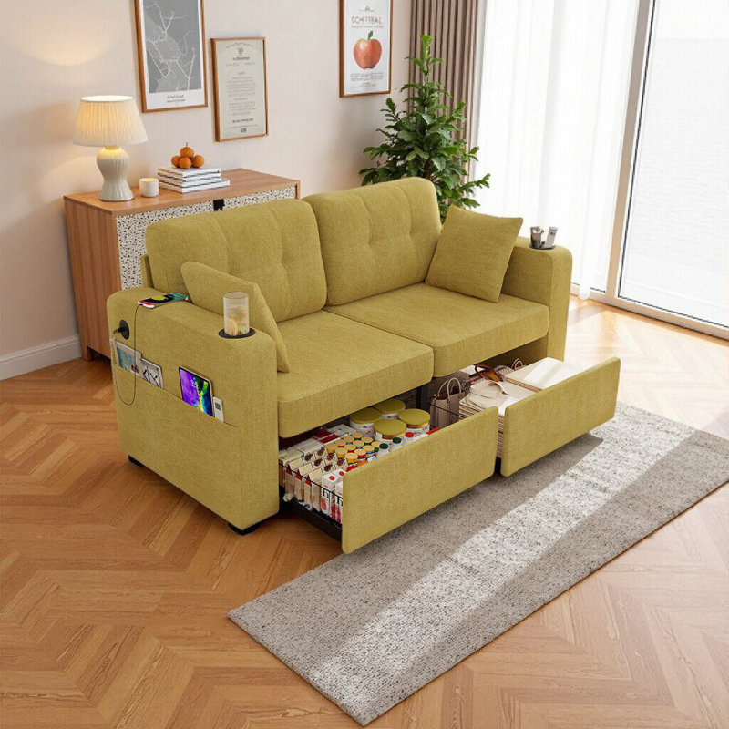 Canapé moderne en bois avec charge USB, rangement et porte-gobelet pour le salon, Mustard yellow