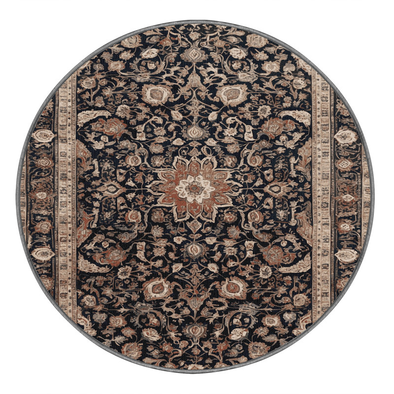 Tapis persan gris lavable à la machine, Rond 3 pi