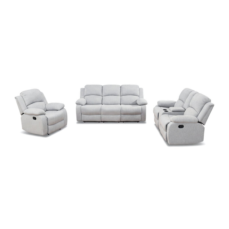 Ensemble de mobilier de salon, ensemble de canapé inclinable manuel, ensembles de canapé inclinable en lin gris blanc avec table rabattable, canapé inclinable avec console de rangement / porte-gobelet pour le salon / appartement