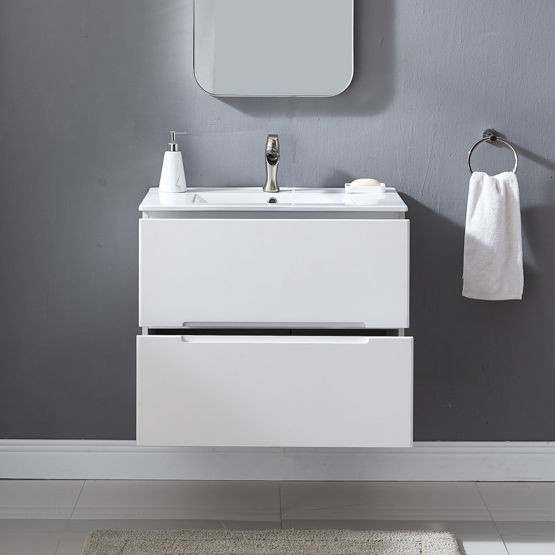 Ensemble de meuble-lavabo mural simple blanc 29 po avec plateau en céramique 29 po, Blanc