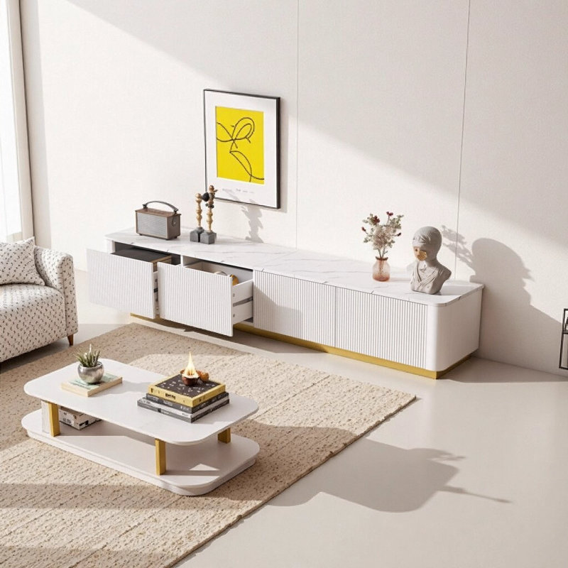 Luxury Fluted TV Stand for TVs Up to 85" - Faux Marble Tabletop Media Console with 4 Drawers, Curved Profile & Gold Base, Modern Entertainment Center for Living Room, White