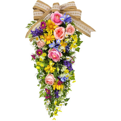 24" Pre-lit Spring Summer Roses Teardrop Swag