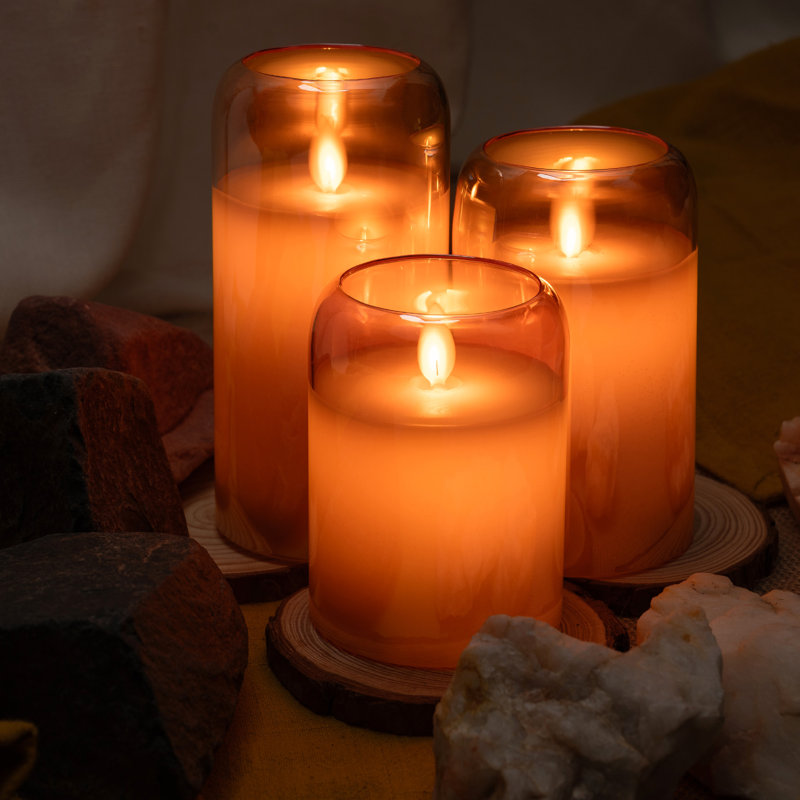 LED Mirrored Glass Round Hurricane Pillar Flameless Candles, Real Wax Moving Wick Dancing Flickering Flame, Battery Operated (Included), Remote & Timer (Set of 3, Gray Metallic)