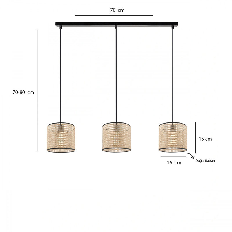 Lustre élégant en rotin, crème et noir, 31,5 po x 29,5 po | Fabrication 100% rotin, hauteur totale: 31,5 pouces | 3 x douilles E14 de 40 W maximum | Parfait pour le salon, la salle à manger et la décoration moderne