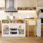 Meuble-bar mobile de style champêtre avec plateau extensible, éclairage DEL et prise électrique intégrée, casier à vin et portes en acrylique, fini bois clair et blanc-724124672