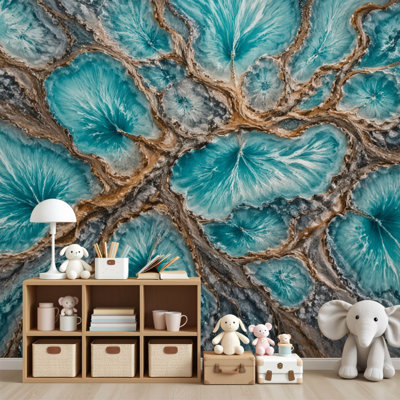 Papier peint adhésif à motif géométrique abstrait bleu sarcelle et veines blanches avec accents terreux H 69 po x l 96 po, papier peint amovible en PVC, adhésif mural pour chambre à coucher, bureau à domicile