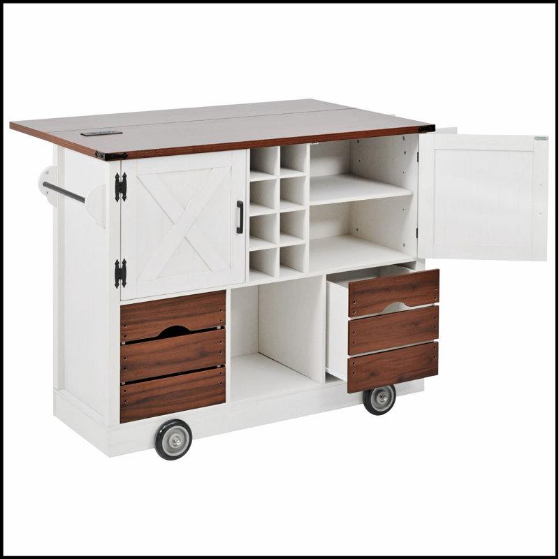54 Inch Farmhouse Kitchen Island With Drop Leaf, Power Outlet, And Ample Storage, Perfect For Modern And Traditional Kitchens
