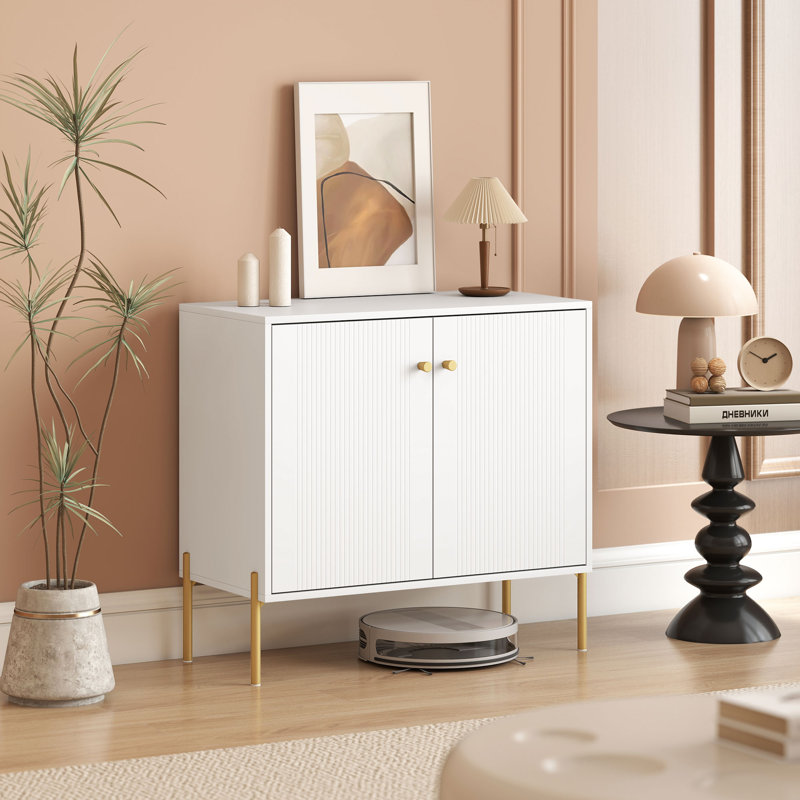 Buffet avec portes cannelées, armoire moderne 32 po, blanc, White