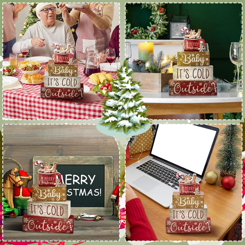 Lot de 4 panneaux de table en bois à étages, décoration pour tasses de chocolat chaud | Centres de table empilables, décor rustique de style ferme, blocs de bois sur le thème « Il fait froid dehors »