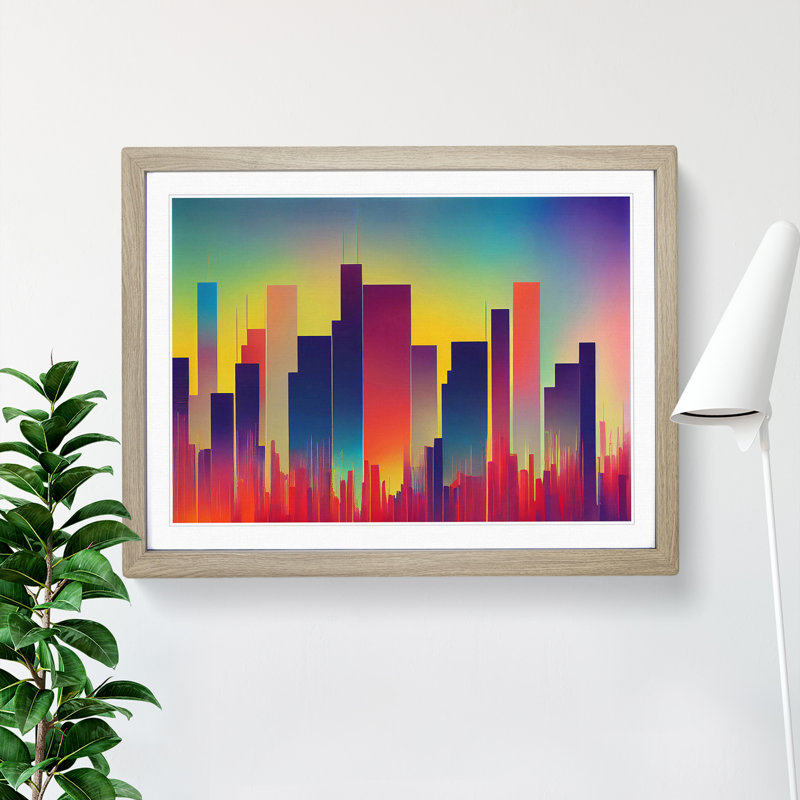 Snazzy Skyscraper Skyline Abstract - Single Picture Frame Print, 25cm H x 34cm W x 2cm D, Oak