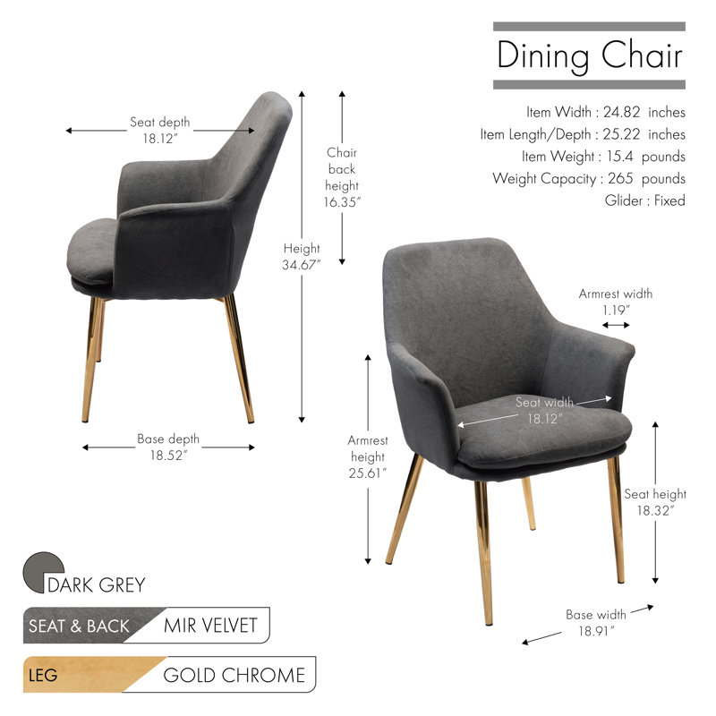 46.5cm H Velvet Upholstered Armchair in Grey, Dark Grey