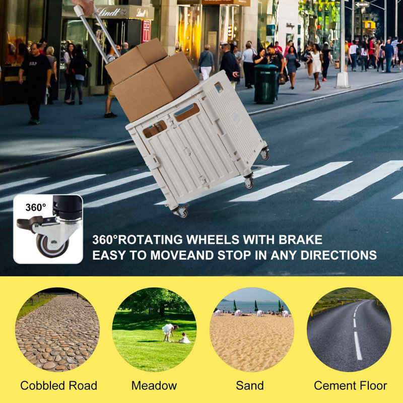 Foldable Utility Cart Folding Portable Rolling Crate Handcart With Durable Heavy Duty Plastic Telescoping Handle Collapsible 4 Rotate Wheels(White)
