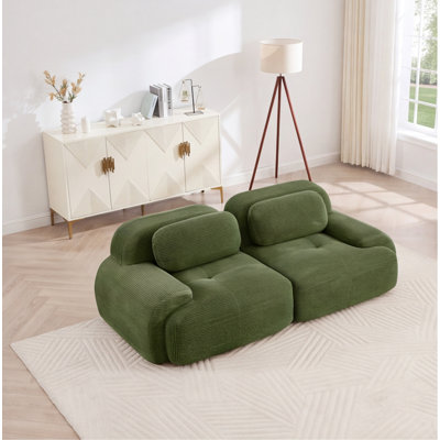 Canapé modulaire de 82 pouces, velours côtelé vert olive, accoudoirs courbés, base antidérapante, aucun assemblage requis