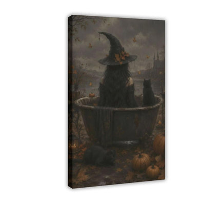 Gothic Witch Bathroom Wall Art - Vintage Dark Aesthetic Canvas Prints Painting, Cute Black Cat Bathing in Tub Poster, Whimsical Autumn Room Decor Pictures for Restroom Washroom Framed 8" L X 12" W