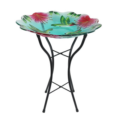 Bain d'oiseaux en verre avec colibris