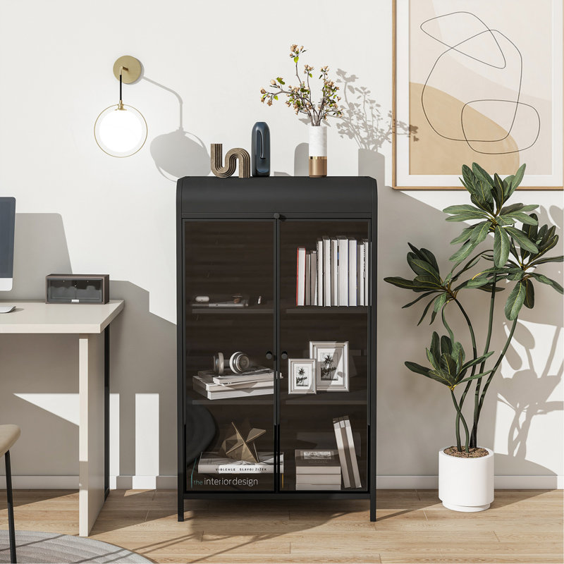 47.6" Tall Metal Storage Cabinet With Glass Doors & Flip-Top, 4-Tier Display Cabinet With Open Shelves, Freestanding Steel Sideboard Buffet For Kitchen, Living Room, Home Office, Dining Room, Bathroom