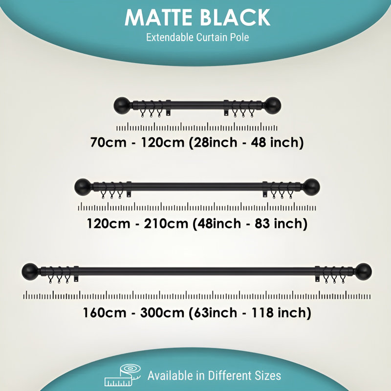 Adjustable 4.5cm Double Curtain Pole, 70cm - 120cm, Matte Black