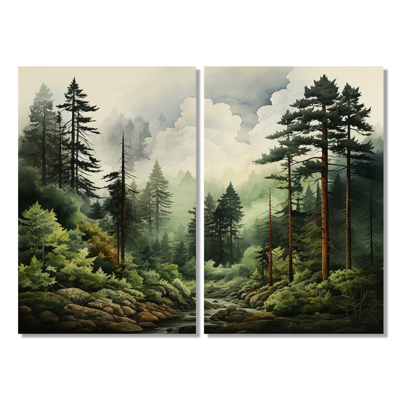 Forêt de pins - décoration murale traditionnelle verte, Toile tendue, Ne s’applique pas, H 36 po x l 48 po