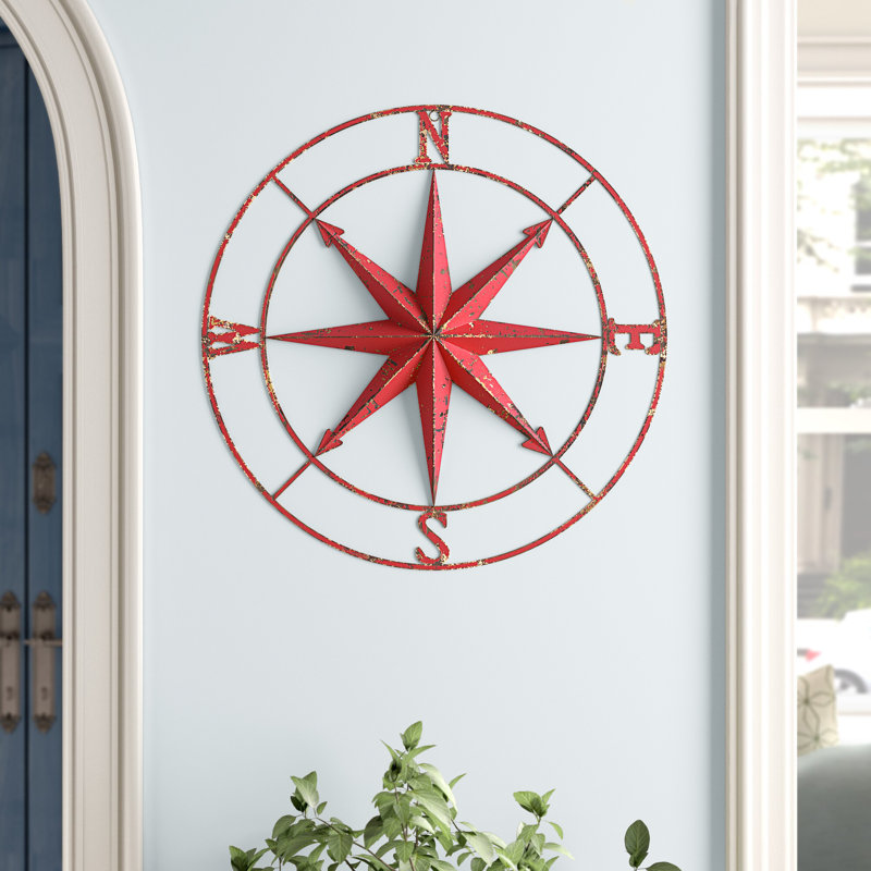 Décoration murale en forme de boussole en métal, Rouge, 36.0"H x 36.0"W 2.0"D