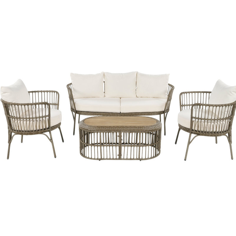 Ensemble de conversation de patio en rotin 4 pièces avec sièges pour 5 personnes et table basse Antanas