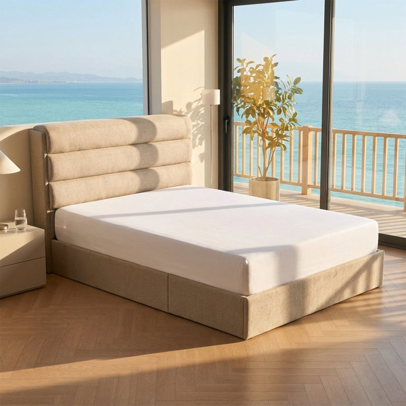 Lit plateforme tapissier avec rangement relevable, Grand, Marron clair