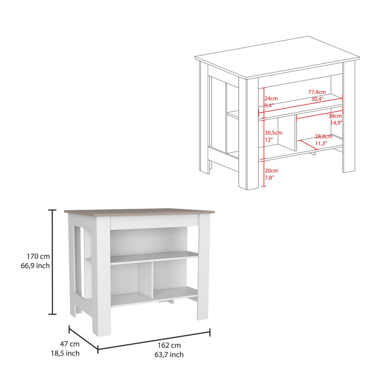 Îlot de cuisine antibactérien, trois tablettes, quatre pieds - gris clair / blanc