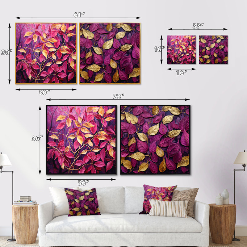 Feuillage doré et rose à motif de feuilles - ensemble de 2 feuilles carrées, Cadre flottant noir, H 16 po x l 33 po
