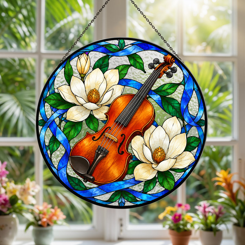 Art mural sur toile violon et magnolias blancs en verre coloré bleu, H 12 po