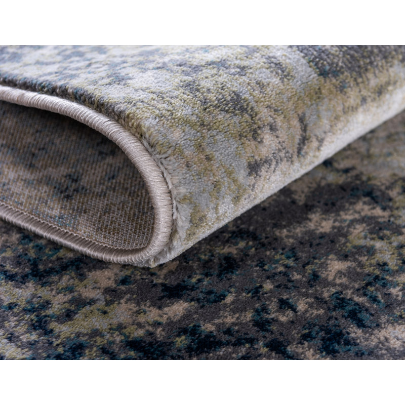Tapis abstrait bleu marine / sauge Brantlie, Rond 5 pi