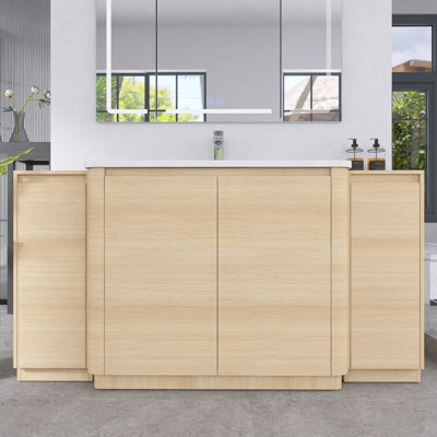 Meuble-lavabo autoportant de 64 pouces avec lavabo en céramique blanche et 2 armoires de rangement, portes en chêne blanc américain