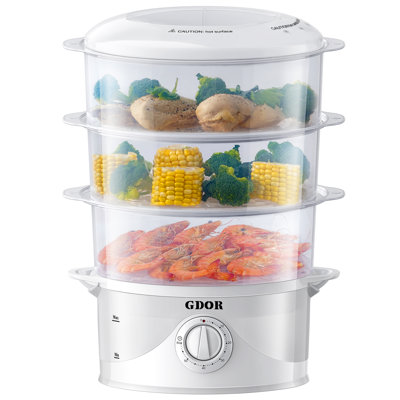 GDOR 3 Tier Electric Food Steamer for Cooking, 800W Vegetable Steamer for Fast Simultaneous Cooking, Dishwasher Safe, Boil Dry Protection, 60-Minute Timer, BPA-Free, 9.6 QT, White.