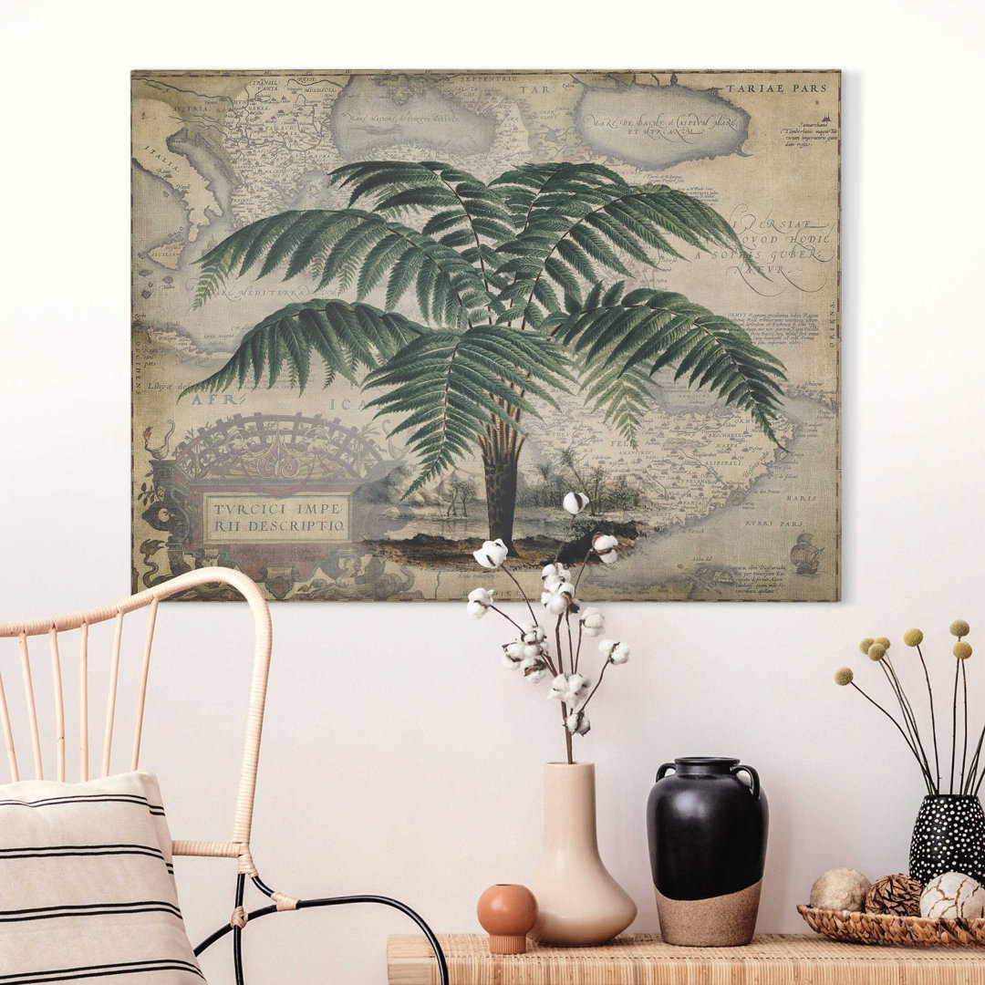 Leinwandbild Vintage Collage Palme und Weltkarte