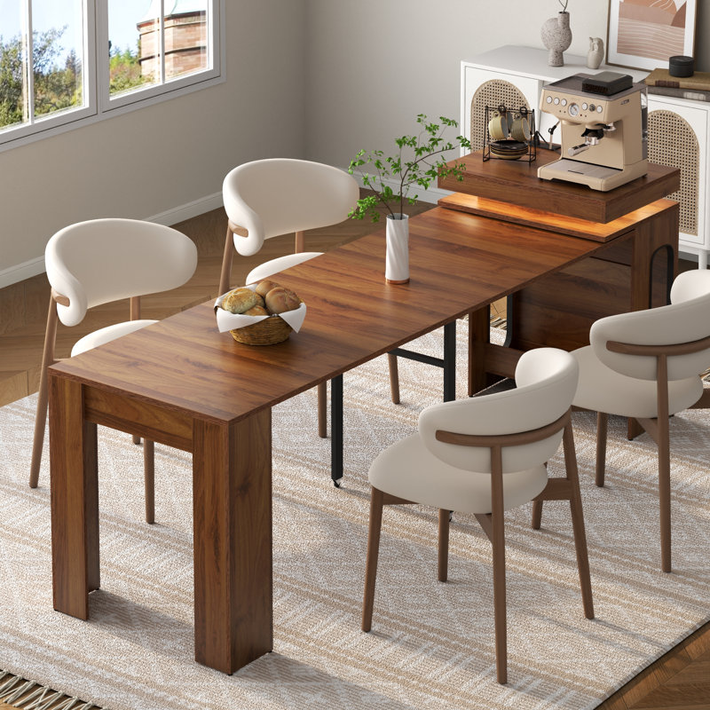 Table de salle à manger extensible avec station de charge et lumières à DEL, table de salle à manger en faux marbre brun rustique de 19,7 po à 98,4 po