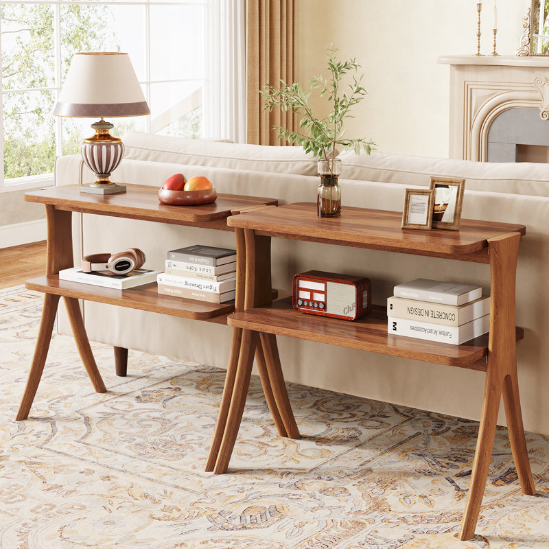 2-Tier End Table Set (Set Of 2), 24.6'' Tall Side Table With Solid Wood Legs, Walnut