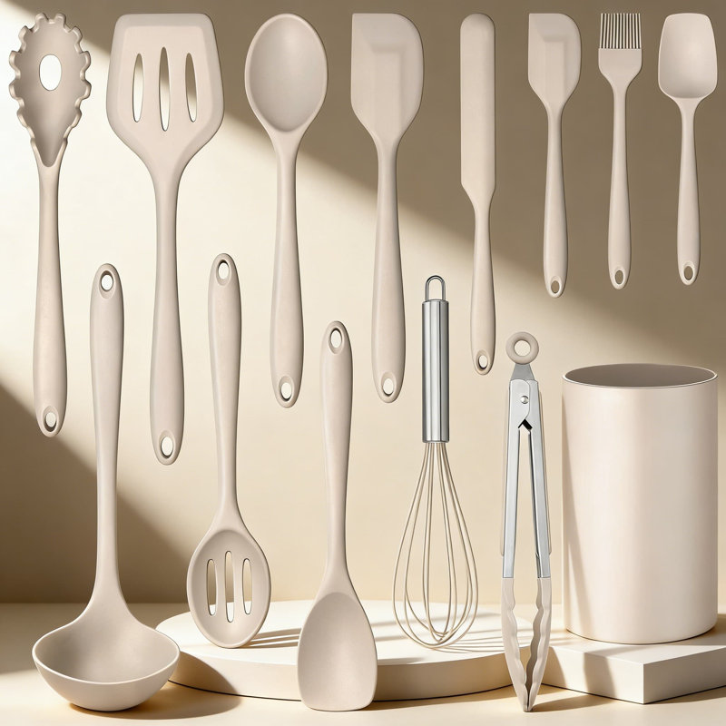 Ensemble d'ustensiles de cuisine en silicone 14 pièces avec support, ustensiles de cuisine antiadhésifs résistants à la chaleur, y compris la spatule, la cuillère, le tourneur, le fouet, les pinces, et va au lave-vaisselle