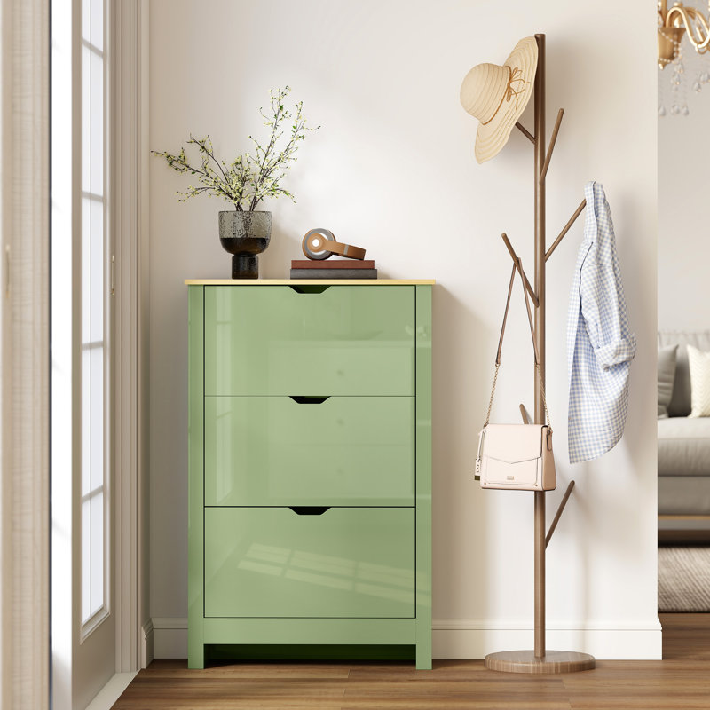 18 Pair Shoe Storage Cabinet, Green/Natural Wood