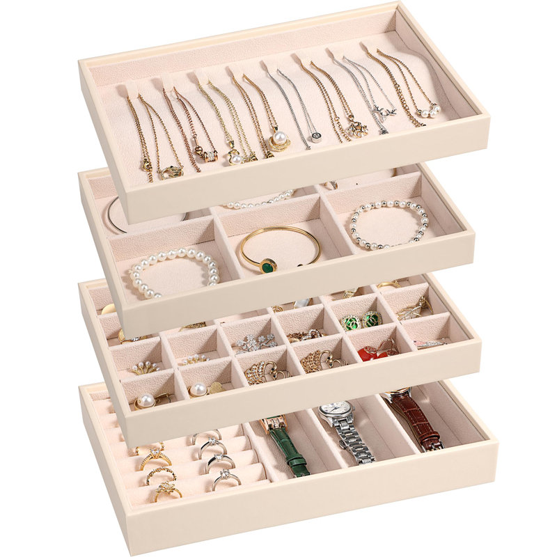 Ensemble de 4 plateaux de rangement pour bijoux empilables, tiroir de rangement pour bijoux en cuir PU, plateau de rangement pour bijoux avec séparateurs amovibles, abricot