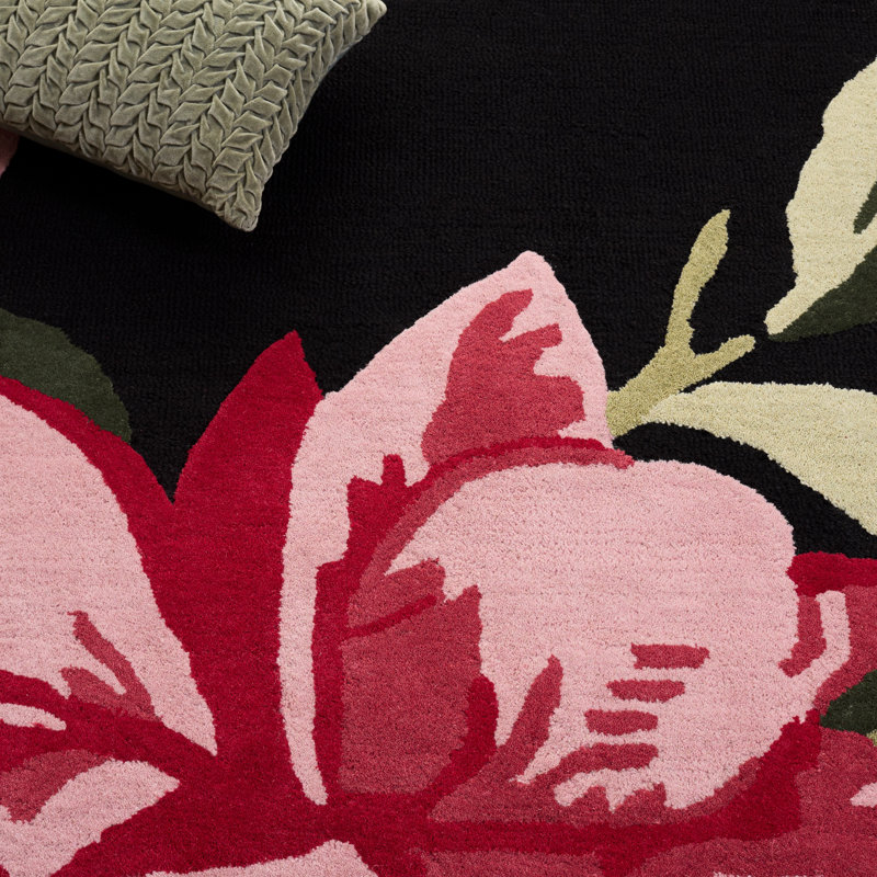 Kamath 403 Hand Tufted Wool/Cotton Floral Rug in Black/Pink, Square 6'
