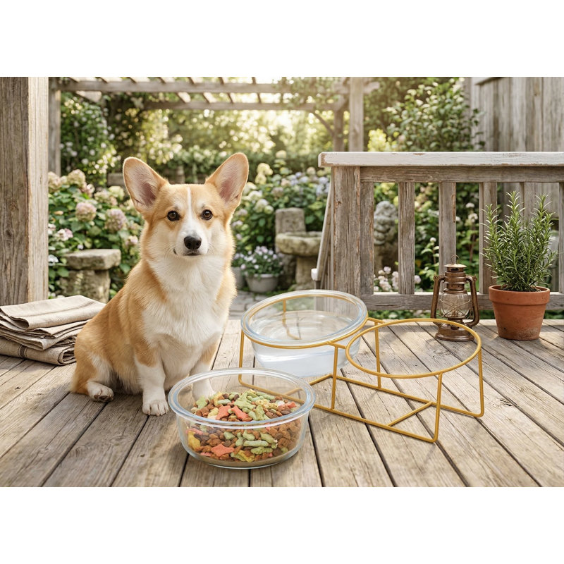 Support en fer doré surélevé avec 2 bols en verre, pour petits chiens, ensemble de nourriture et d'eau