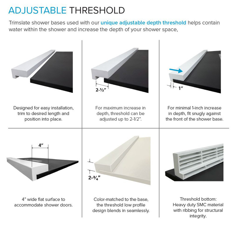 Transolid Trimslate 63-in x 32-in Tub Replacement Shower Base with Adjustable Double Threshold and End Drain, Cameo
