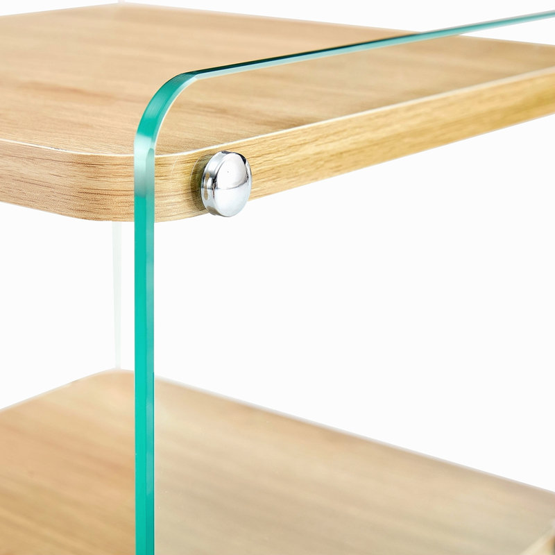 Armoire de chevet à trois couches La planche est fabriquée en panneau de fibres à densité moyenne avec des autocollants en bois, avec du verre trempé transparent des deux côtés. La conception est simple et élégante, avec une fonction de rangement puissante.