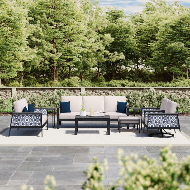 Townsend 7 Piece Sofa Seating Group with Sunbrella Cushions, Canvas White/Lux Indigo Fabric