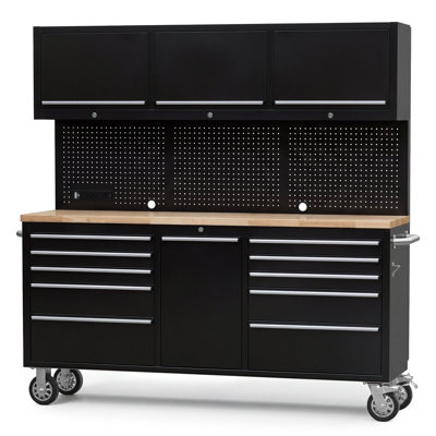 Coffre à outils AnorTrek 72 pouces avec 11 tiroirs + 3 armoires supérieures, organisateur de poste de travail mobile en acier inoxydable avec 6 bacs de rangement bleus