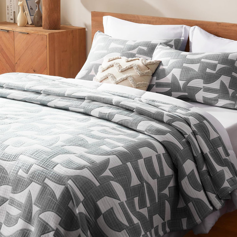 Ensemble de courtepointe en jacquard Tencel Lyocell, Géométrique gris foncé, Courtepointe très grand + 2 taies décoratives