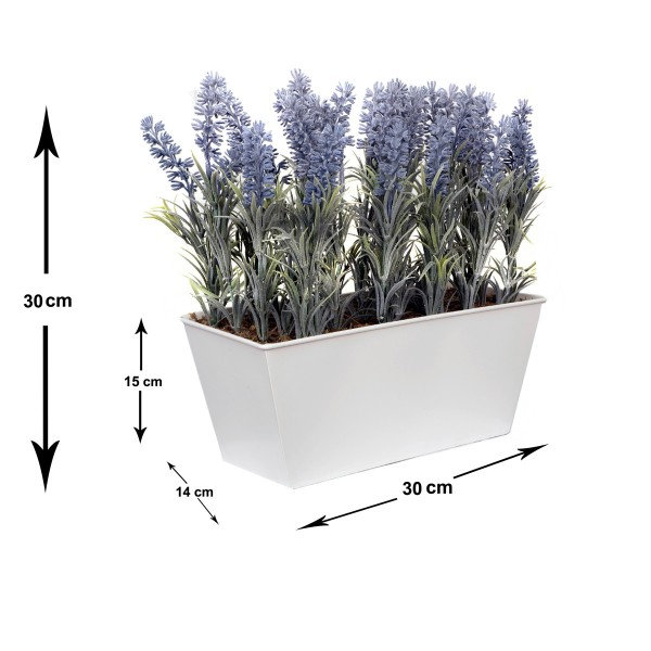 Lavender in Rustic Tin Planter (Window Box), 32.2cm H x 31cm W x 16.5cm D, White