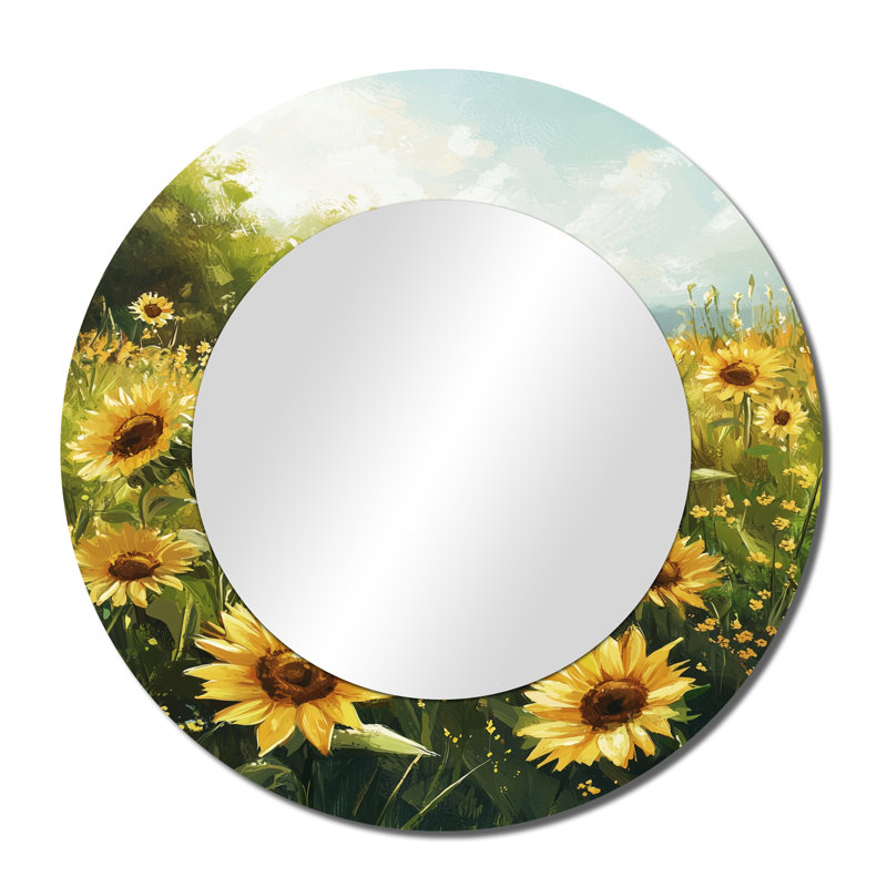 «Yellow Summer Sunflower Meadows» - art mural miroir tournesols - imprimé sur métal, 36 po x 36 po